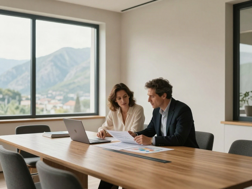 Two consultants reviewing business performance reports together in a mountain-view office